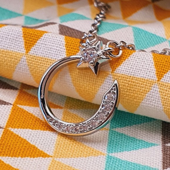 Crystal Shiny Micro Pave Moon Star Silver Trendy Necklace for Women, INDN8646 - Picture 4 of 6